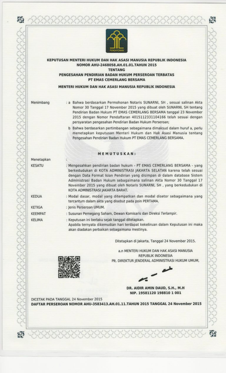 company establishment legal certificate