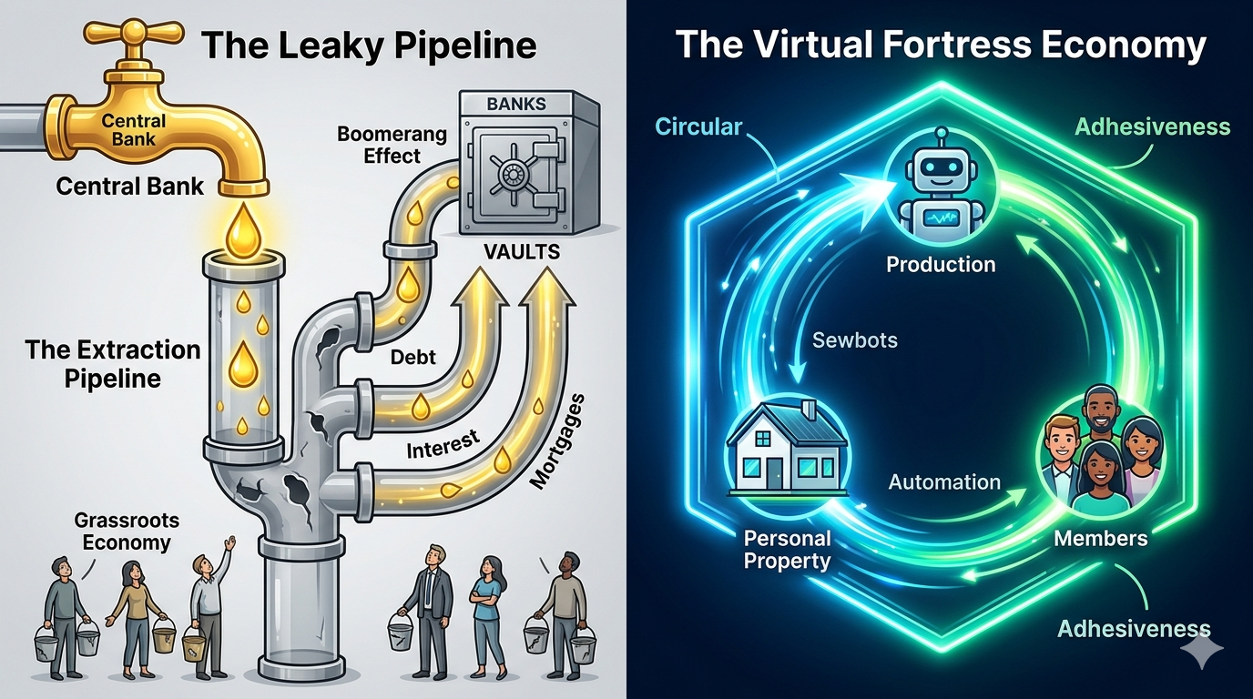 Leaky pipeline vs fortress economy illustration